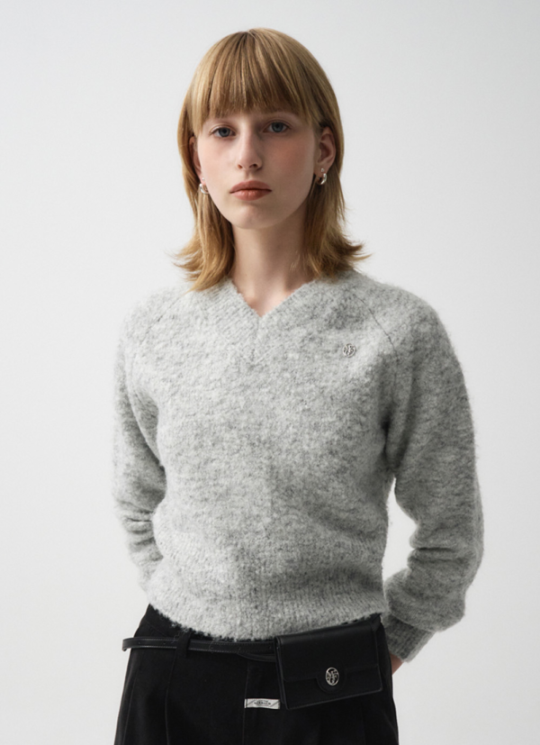 W V-NECK CROP SWEATER light heather gray - 图片 7